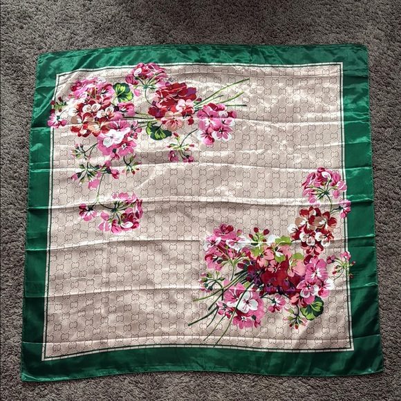scarft Accessories - Floral Silk Scarf with Green Border